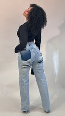 Joshe Back Side Ripped Wide Leg Jeans Stretch