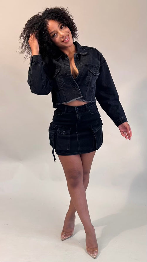 Black Washed Denim Cargo Skirt