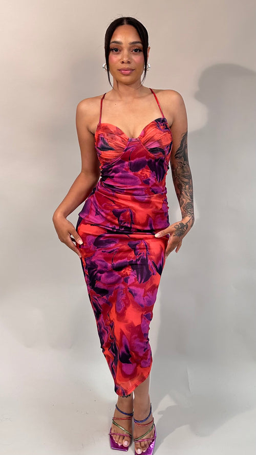 Abstract Print Floral Mesh Corset Dress