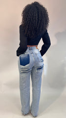 Joshe Back Side Ripped Wide Leg Jeans Stretch