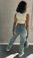 Darwin Vintage Wash Back Ripped Wide Leg Jeans